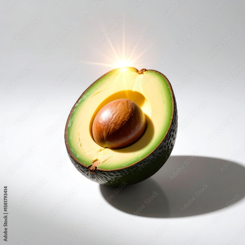 Poster cross section of avocado with glowing seed illuminated by conceptual light on white background
