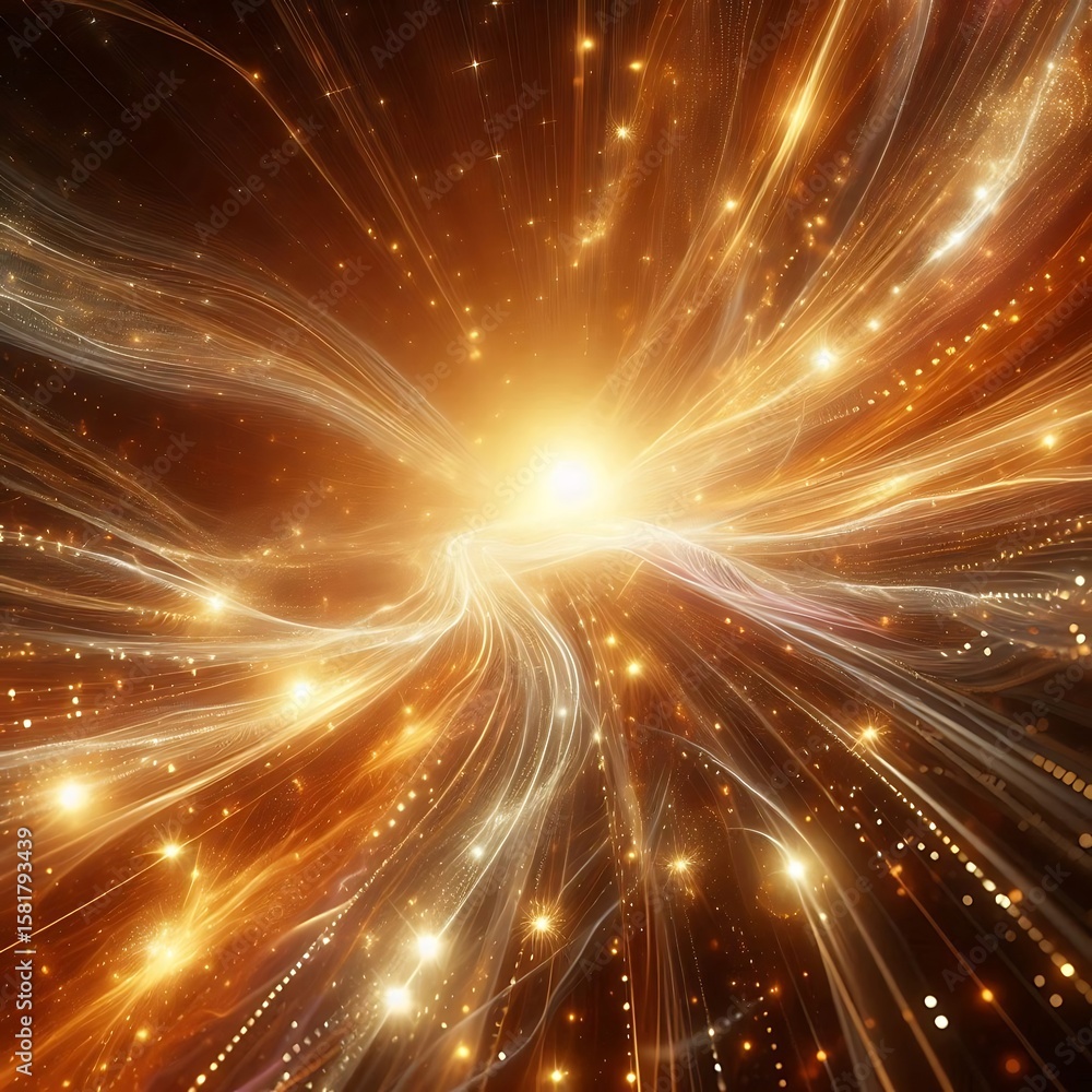 Poster sparkling trails radiate with light from a central, celestial body shining through the dark space cr