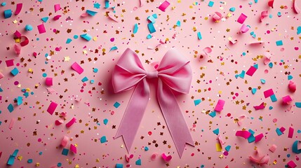 Festive Starburst Celebration with Pink Bow and Colorful Confetti Aerial View