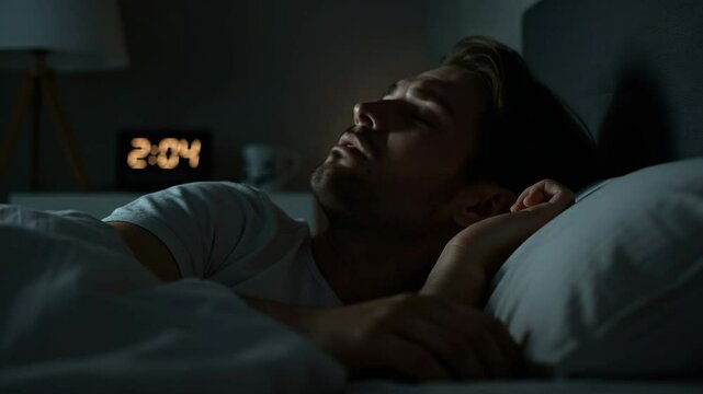 Thoughtful man lies awake in bed at night, unable to sleep, experiencing insomnia and a restless early morning