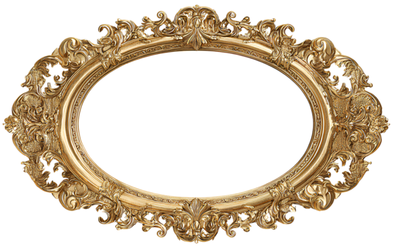 Ornate Oval Baroque Gold Frame with Floral Carvings, Front View, Isolated on Transparent Background