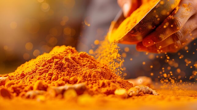 Vibrant turmeric powder being poured from a scoop onto a pile