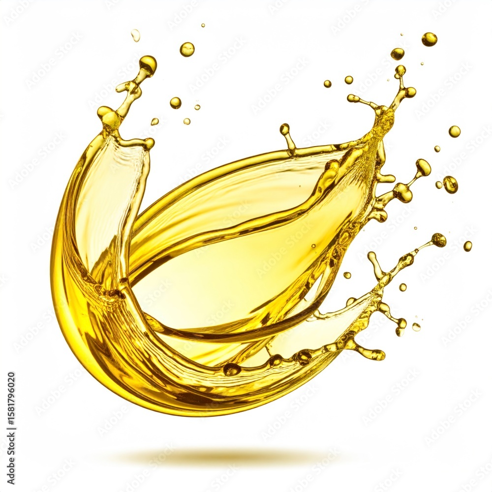 Poster dynamic splash of golden olive oil in motion with smooth flow and shadow on white background