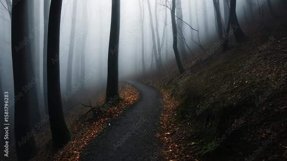 Poster a winding path through a dark, foggy forest. tall trees obscure the sunlight, creating a mysterious 
