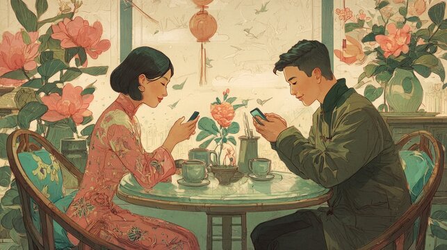 chinese couple courting digital dates, 16:9