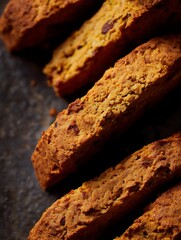 Close up of delicious golden brown biscotti, arranged in an overlapping pattern.