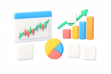 3D Stock Market Analysis in PNG transparent background with Growth Charts and Financial Investment Data.