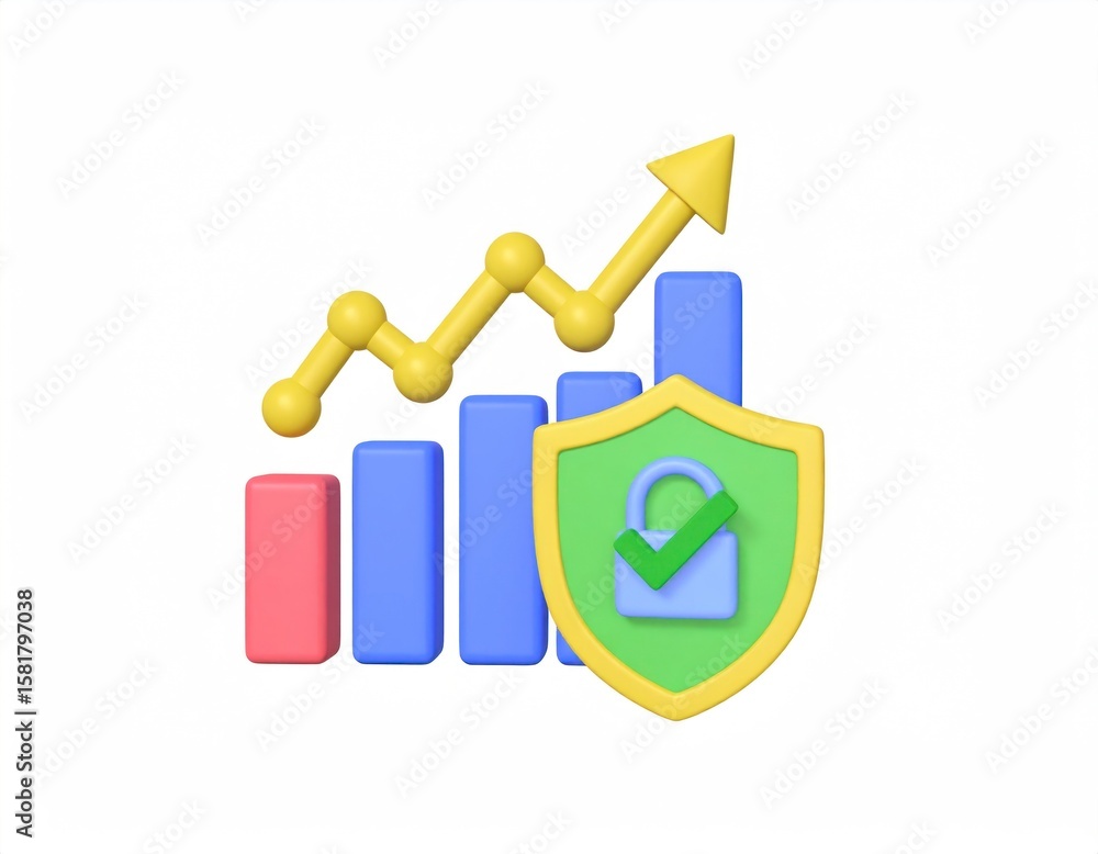 Poster financial security concept with shield and chart in 3d render on white