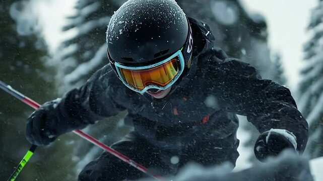 Child skier in action during a snowy day. Wearing a black helmet and goggles, the child is captured mid-turn, surrounded by falling snow. The image is dynamic, action-oriented, and evokes a sense of