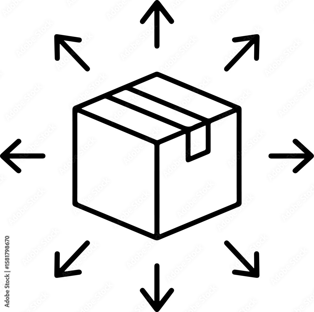 Poster cardboard box with arrows pointing in all directions representing distribution and shipping
