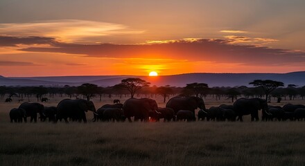 Elephant Family at Golden Hour in the African Savanna | Wildlife and Sunset Scenery