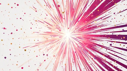 Radiant burst of pink and gold radiating outwards from a central point, amidst scattered stars and confetti