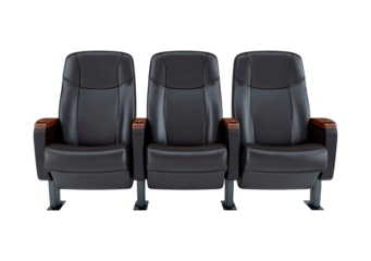 Three black leather theater seats with brown armrests on transparent background, PNG