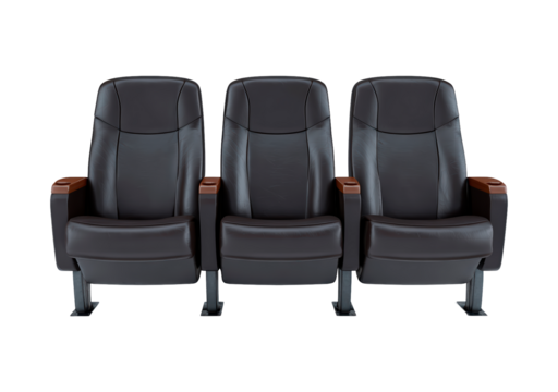 Three black leather theater seats with brown armrests on transparent background, PNG