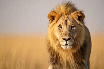 Fototapeta premium Majestic wild male lion portrait with a magnificent mane, basking in the sun, capturing the essence of this dangerous king of the jungle, a true feline predator