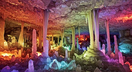 Rainbow-hued cave formations, crystalline stalagmites and stalactites illuminate a subterranean cavern.