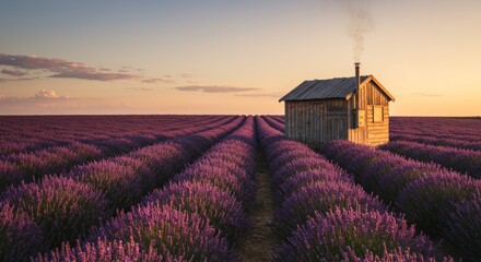 Solitary wooden cabin amidst rows of vibrant purple lavender fields at sunset.