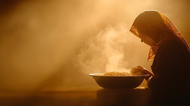 Woman in headscarf working with grains in warm misty light