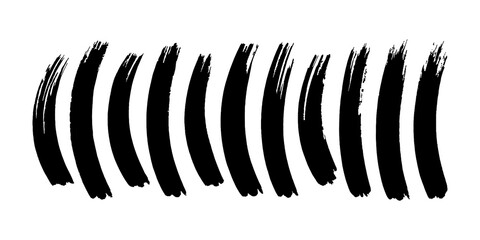 Black ink brush strokes and lines in abstract vector set with grunge paint texture on white background, ideal for modern art, illustration, and creative projects.
