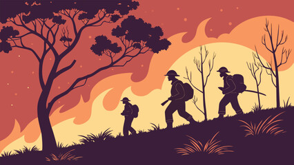 Silhouette illustration of three soldiers trekking uphill amidst a wildfire, evocative of resilience and survival; vintage style, dramatic sunset backdrop.