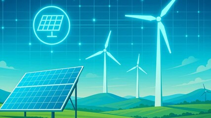Renewable energy data center. Clean energy concept featuring solar panel and wind turbine green field blue sky with glowing digital icons for renewable energy - Powered by Adobe