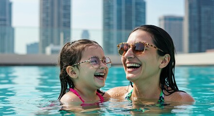 Mother and daughter laughing in a swimming pool together