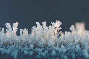 A close-up macro shot of frost crystals, capturing the delicate beauty of winter and the intricate details of the icy structures.