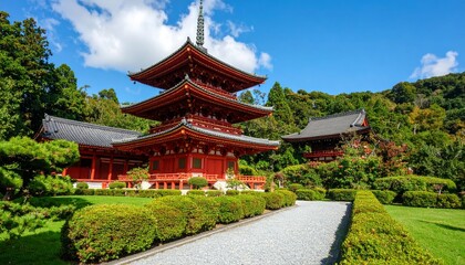 Obraz premium Traditional oriental temple architecture with colourful pagoda roofs in an ancient garden. 