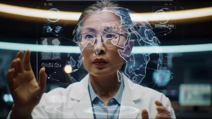 Scientist working with digital interface and global data - Powered by Adobe