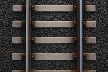 Close up overhead view of a train track with concrete sleepers and ballast