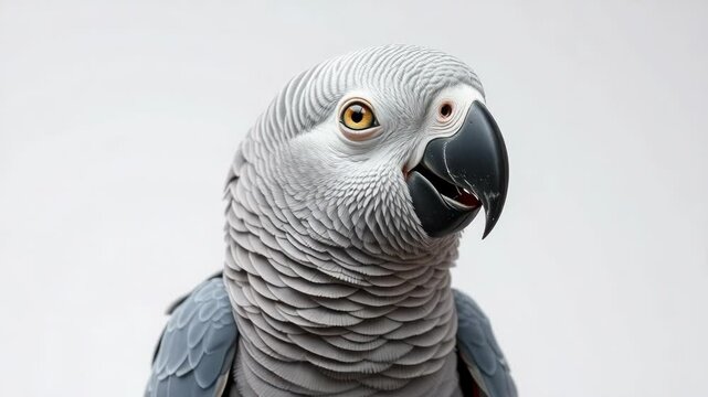 Closeup portrait of an african grey parrot with intelligent eyes and a curious expression, isolated on white