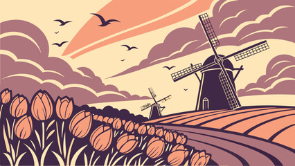 Serene Dutch landscape: Vintage style illustration featuring windmills, blooming tulips, and a picturesque sunset sky, evoking a nostalgic and peaceful mood.