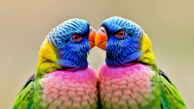 Two colorful rainbow lorikeets with vibrant blue heads and pink chests nuzzle each other affectionately