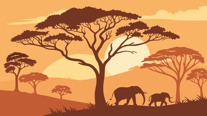 Serene African savanna sunset silhouette: majestic elephants, acacia trees, warm orange hues, peaceful landscape, tranquil wildlife scene, vector illustration, nature photography style.