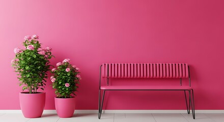 Pink Rose Plants in Pink Pots Beside a Hot Pink Bench Against a Vibrant Pink Wall Minimalist Interior Design Scene