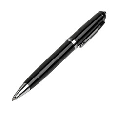 Elegant black ballpoint pen with silver accents isolated on transparent background