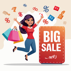 A high-quality 3D cartoon illustration showing Excited woman jumping with both hands raised, holding a shopping bag in one hand and a coupo (3).sv, designed to represent creativity, fun, and visual st