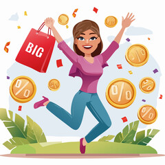 A high-quality 3D cartoon illustration showing Excited woman pointing to a glowing "FLASH SALE" sign while holding shopping bags in her oth (10).s, designed to represent creativity, fun, and visual st
