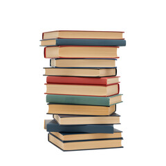 A tall stack of diverse hardcover books with different colored spines isolated on transparent background