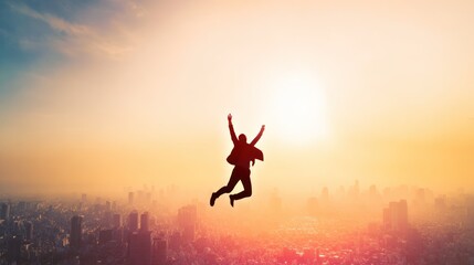 Person Jumping with Joy Against Vibrant Sunset Over City Skyline
