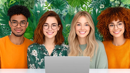 Diverse group of young professionals collaborating with a laptop