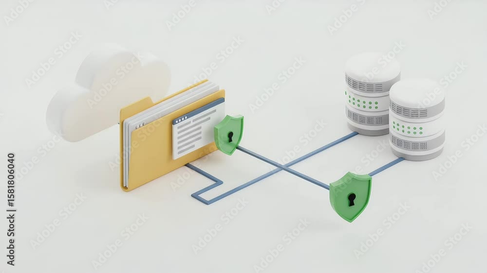 Poster 3d render of cloud storage, file folder, servers, linked by lines & secured by shields