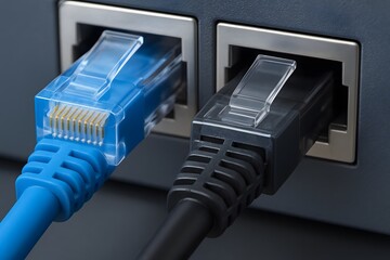 Close up of two ethernet cables plugged into a network device ports