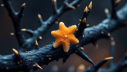 Orange Fungal Star on Dark Thorny Branch Macro Photography