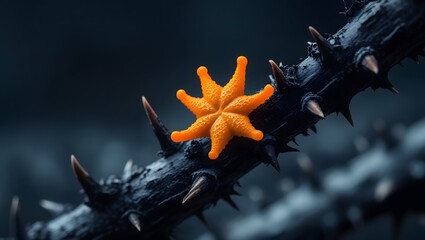 Orange Fungal Star on Dark Thorny Branch Macro Photography