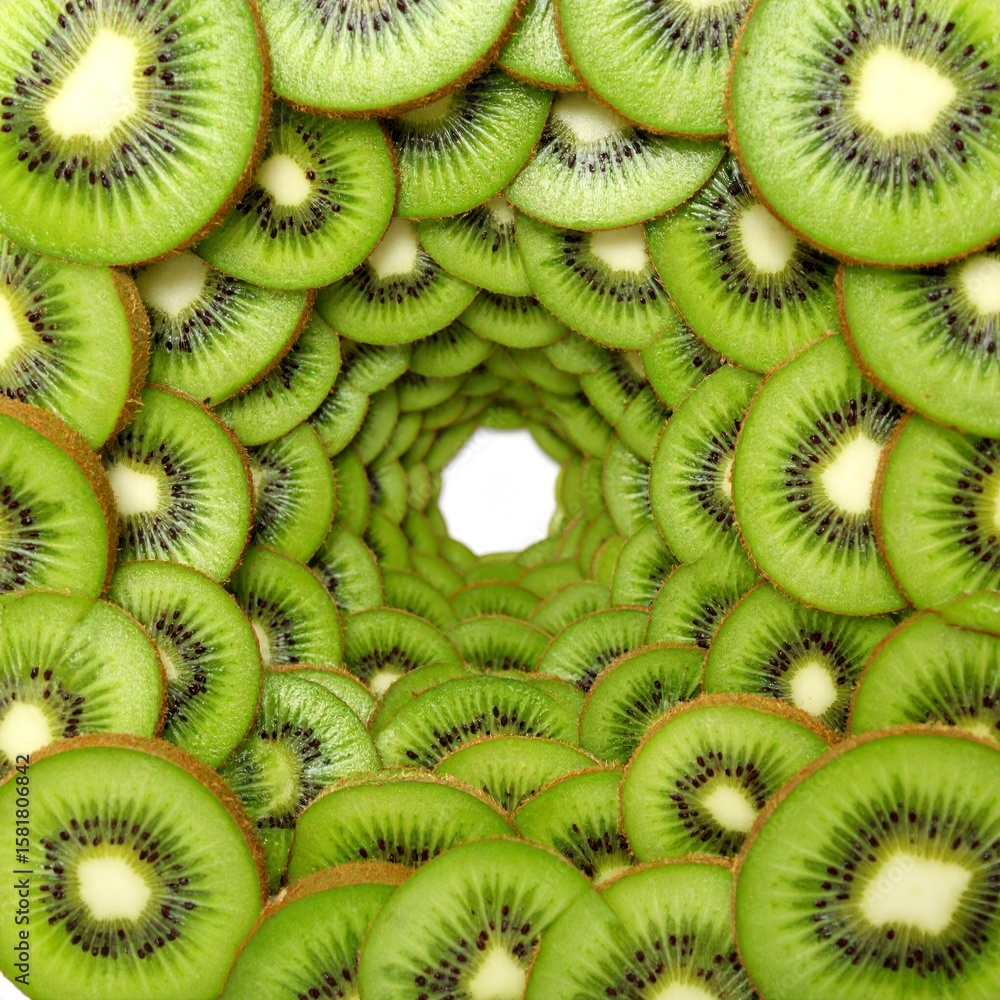 Poster kiwi fruit slices forming a tunnel shape on white background in one point perspective