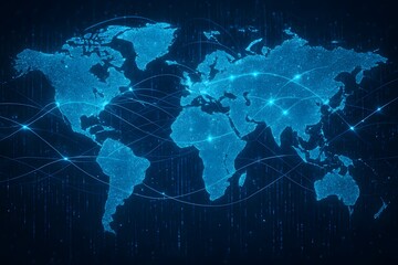 Global network connections visualized on a sparkling blue world map with glowing lines