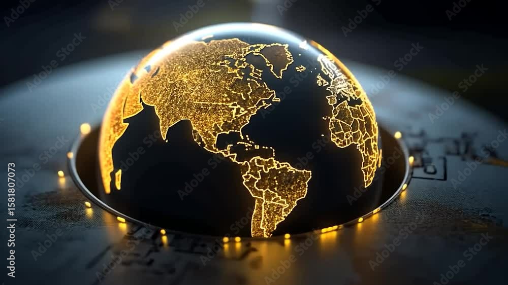 Poster glowing digital world map on dark metallic surface. abstract video showing illuminated continents. d