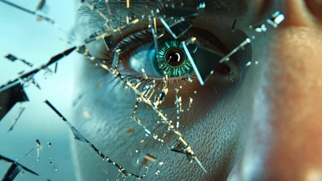 Close-up view of a person's face, seemingly disintegrating into fragments. Teal and blue color palette dominates the image, creating a surreal and somewhat unsettling atmosphere.  The eye is