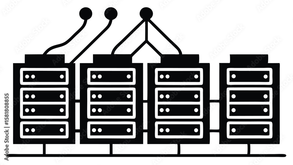 Aufkleber vector illustration of data center server racks with glowing lights and network cables